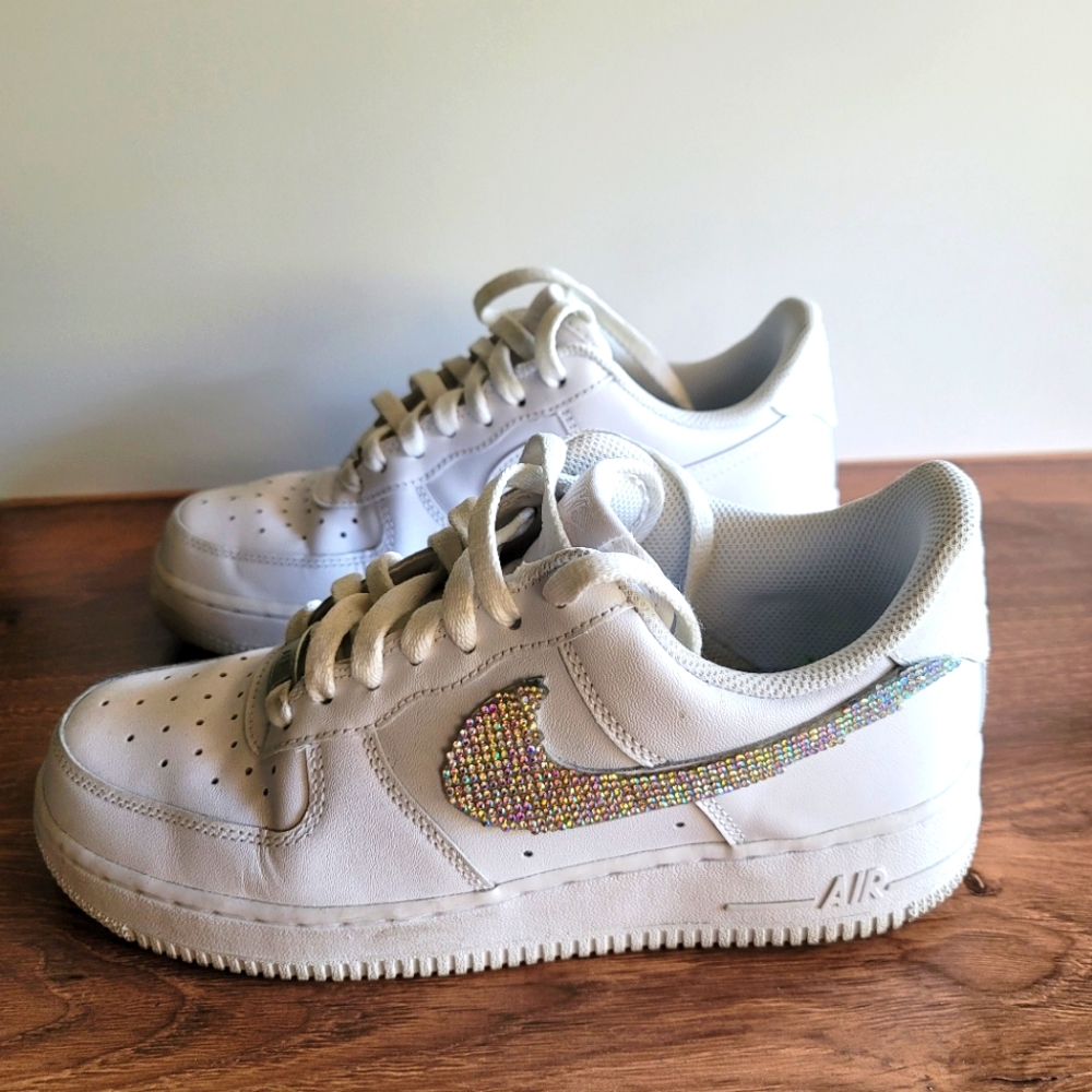 White Nike AF1's customized with rhinestones